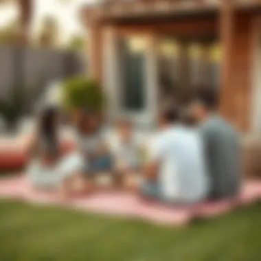 Family enjoying time on pink plastic outdoor rug