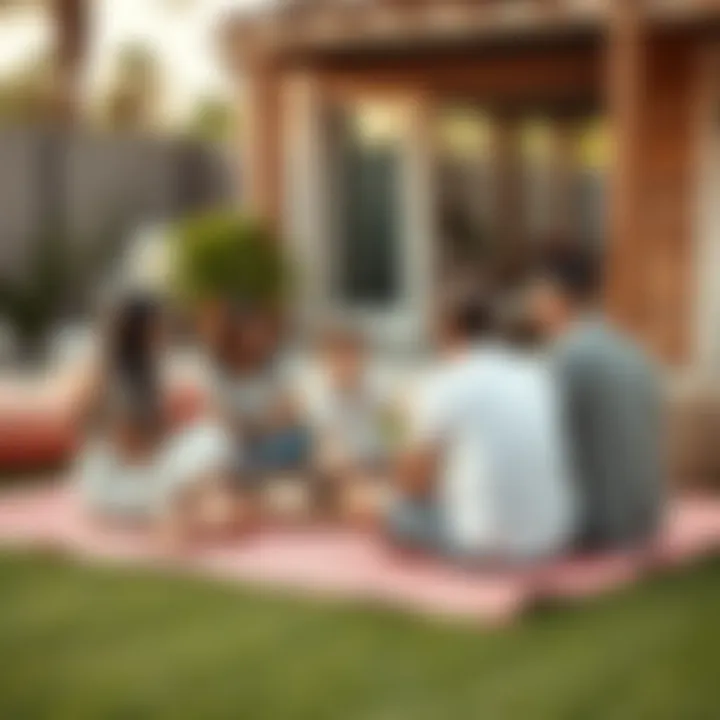 Family enjoying time on pink plastic outdoor rug