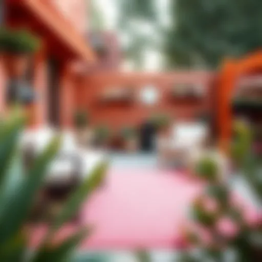 Stylish pink plastic outdoor rug on patio