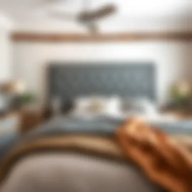 Grey headboard complementing a rustic bedroom decor