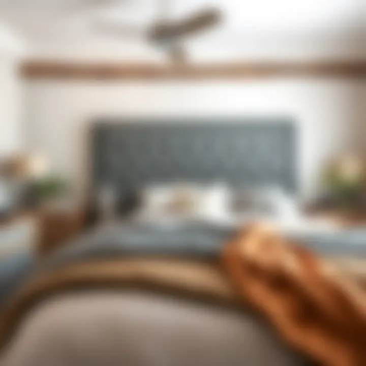 Grey headboard complementing a rustic bedroom decor