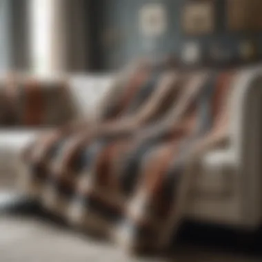 Striped King Blanket on a Modern Sofa A beautifully arranged striped king blanket draped over a modern sofa, showcasing its texture and colors.