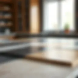 Variety of laminate countertop samples showcasing different colors and textures.